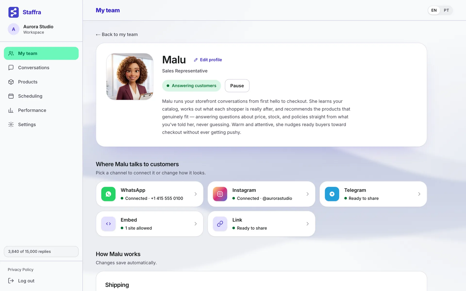 Malu's page with connected channels